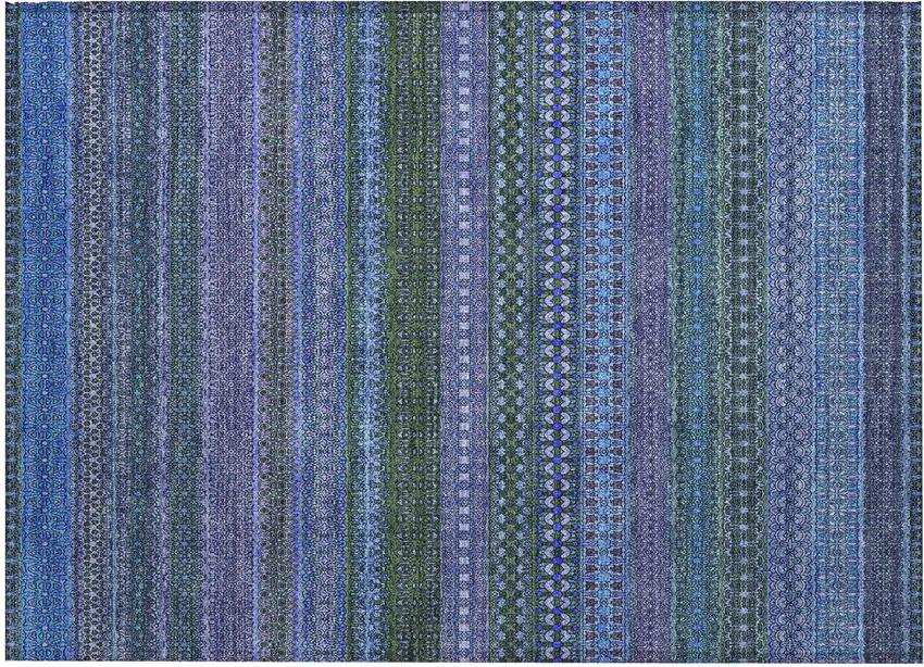Blue and Green Striped Washable Non Skid Indoor Outdoor Area Rug Photo 2