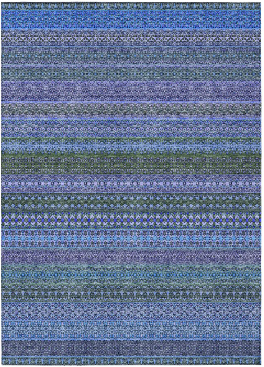 Blue and Green Striped Washable Non Skid Indoor Outdoor Area Rug Photo 2