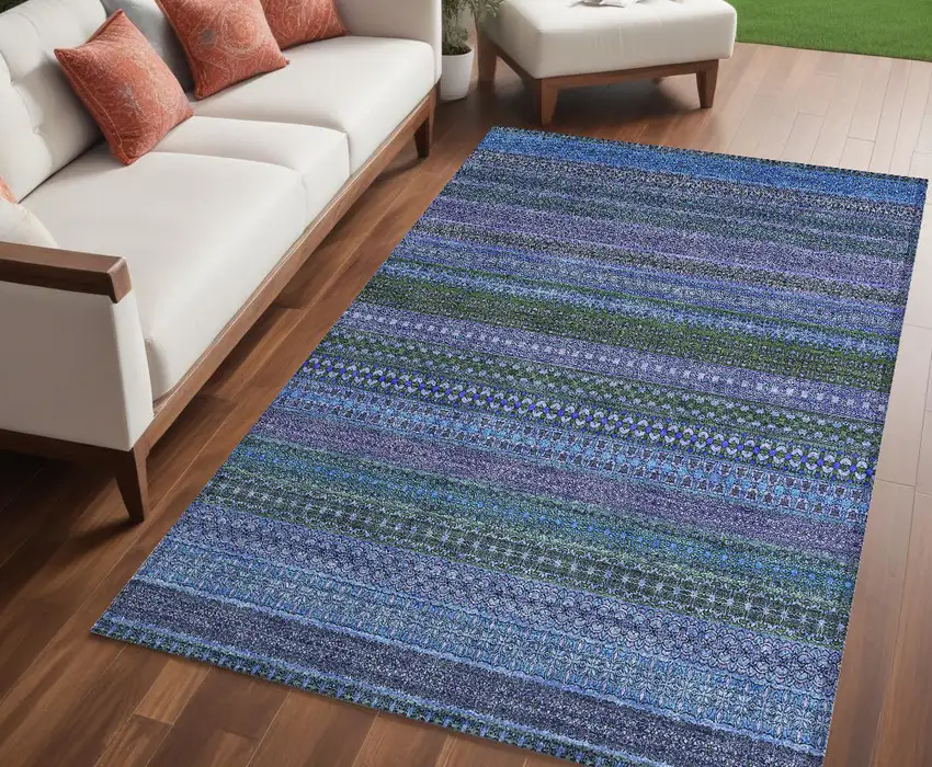 Blue and Green Striped Washable Non Skid Indoor Outdoor Area Rug Photo 1