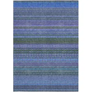 Photo of Blue and Green Striped Washable Non Skid Indoor Outdoor Area Rug