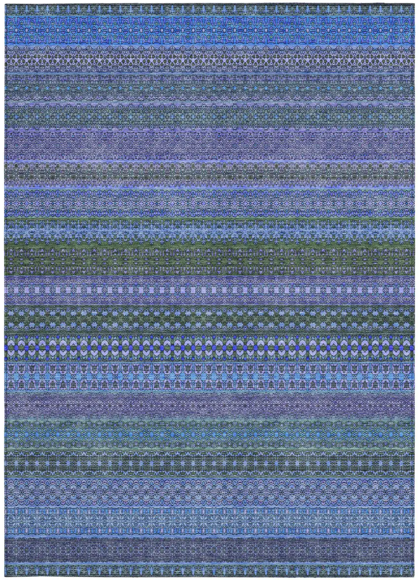 Blue and Green Striped Washable Non Skid Indoor Outdoor Area Rug Photo 3