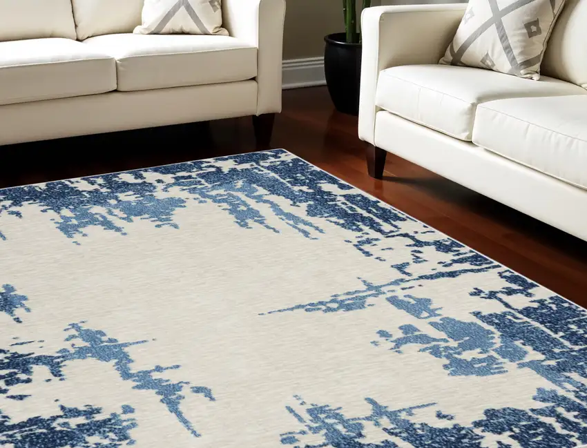 Blue and Ivory Abstract Distressed Non Skid Area Rug Photo 1