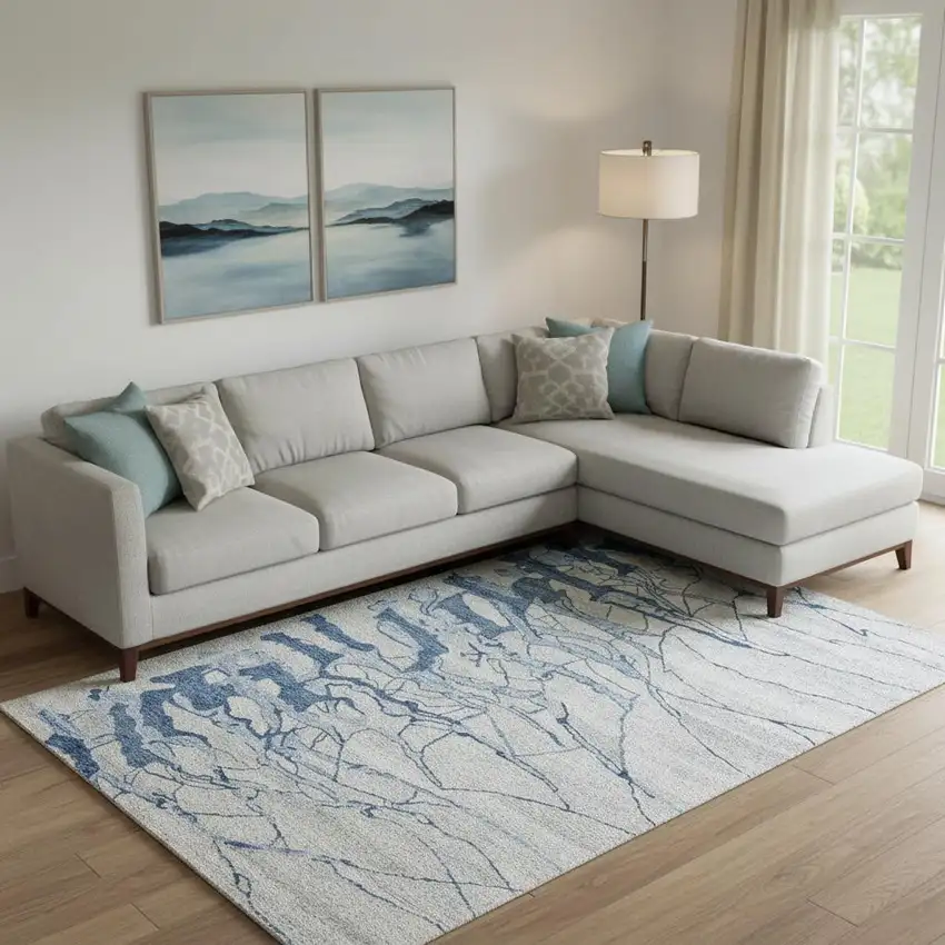 Blue and Ivory Abstract Hand Tufted Area Rug Photo 1