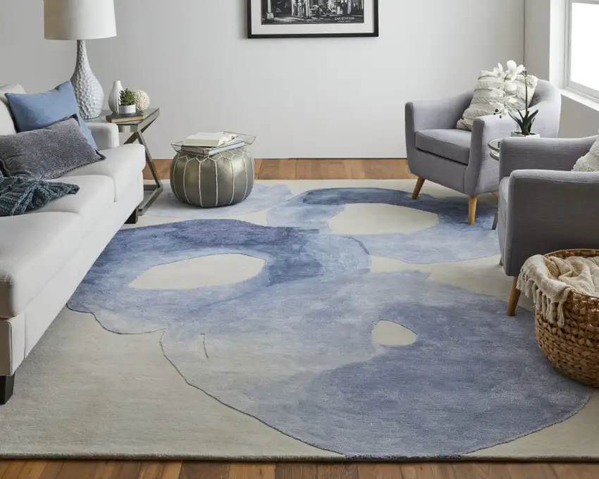 Blue and Ivory Abstract Hand Tufted Area Rug Photo 7