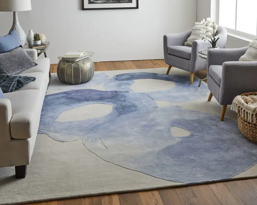 Blue and Ivory Abstract Hand Tufted Area Rug Photo 9