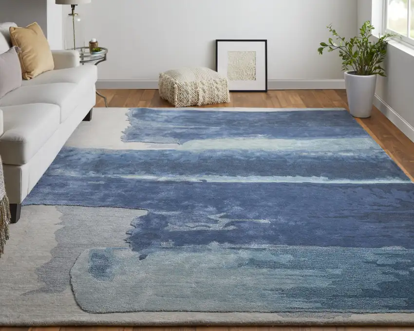 Blue and Ivory Abstract Hand Tufted Area Rug Photo 8