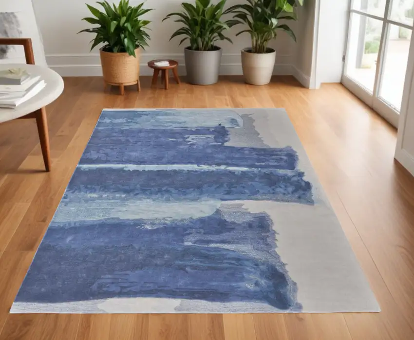 Blue and Ivory Abstract Hand Tufted Area Rug Photo 1