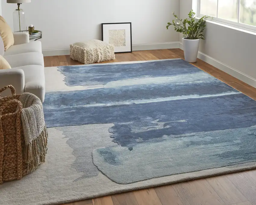 Blue and Ivory Abstract Hand Tufted Area Rug Photo 9