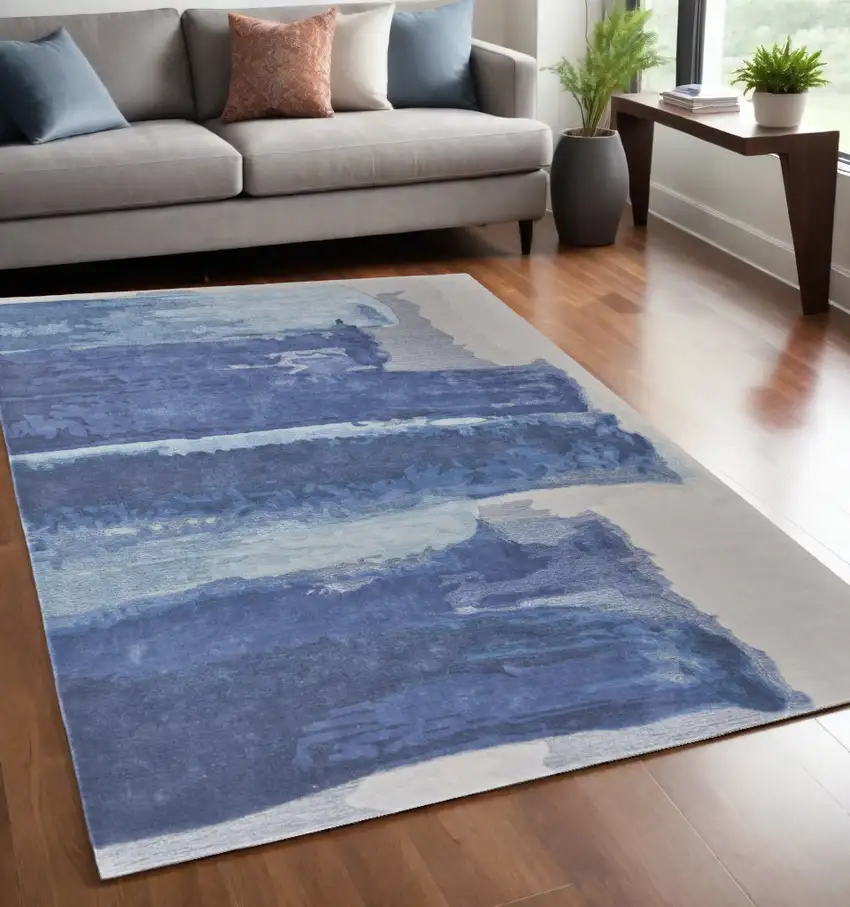 Blue and Ivory Abstract Hand Tufted Area Rug Photo 1