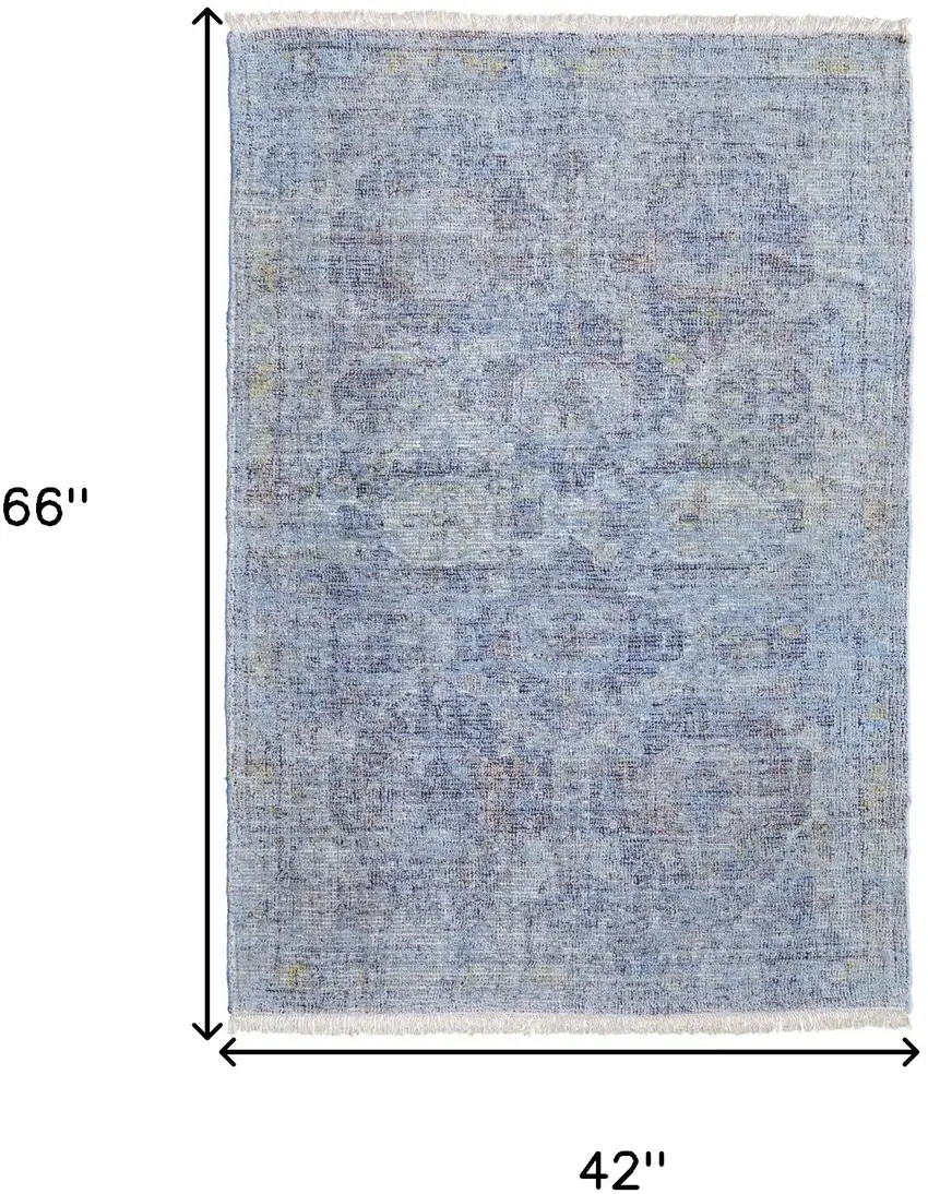 Blue and Ivory Abstract Hand Woven Distressed Area Rug With Fringe Photo 3