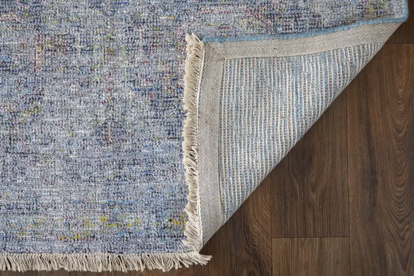 Blue and Ivory Abstract Hand Woven Distressed Area Rug With Fringe Photo 8