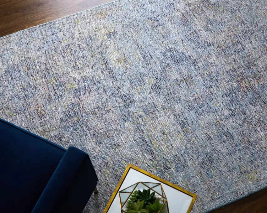 Blue and Ivory Abstract Hand Woven Distressed Area Rug With Fringe Photo 5