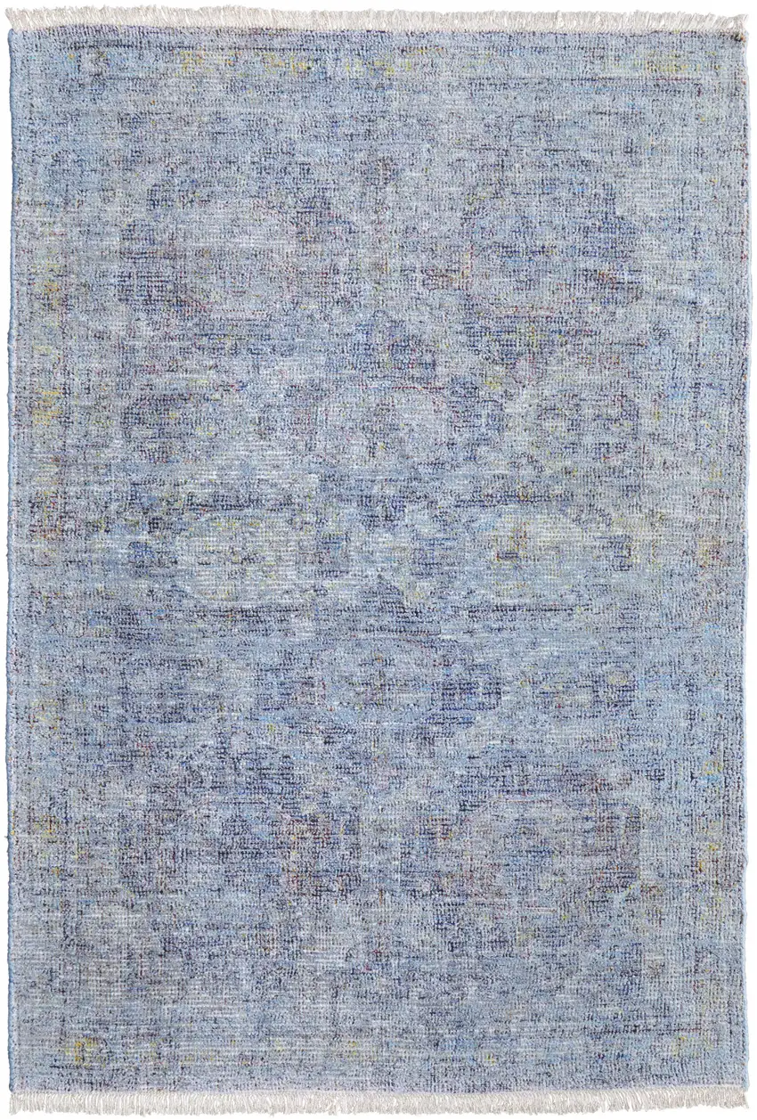 Blue and Ivory Abstract Hand Woven Distressed Area Rug With Fringe Photo 2