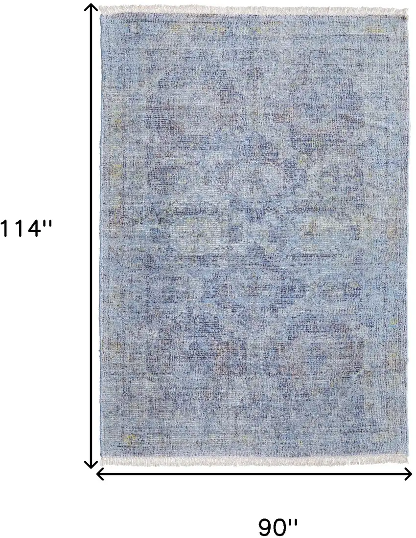Blue and Ivory Abstract Hand Woven Distressed Area Rug With Fringe Photo 3