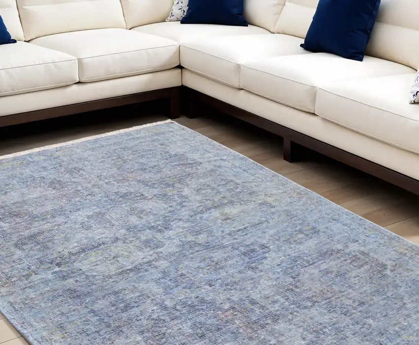 Blue and Ivory Abstract Hand Woven Distressed Area Rug With Fringe Photo 1