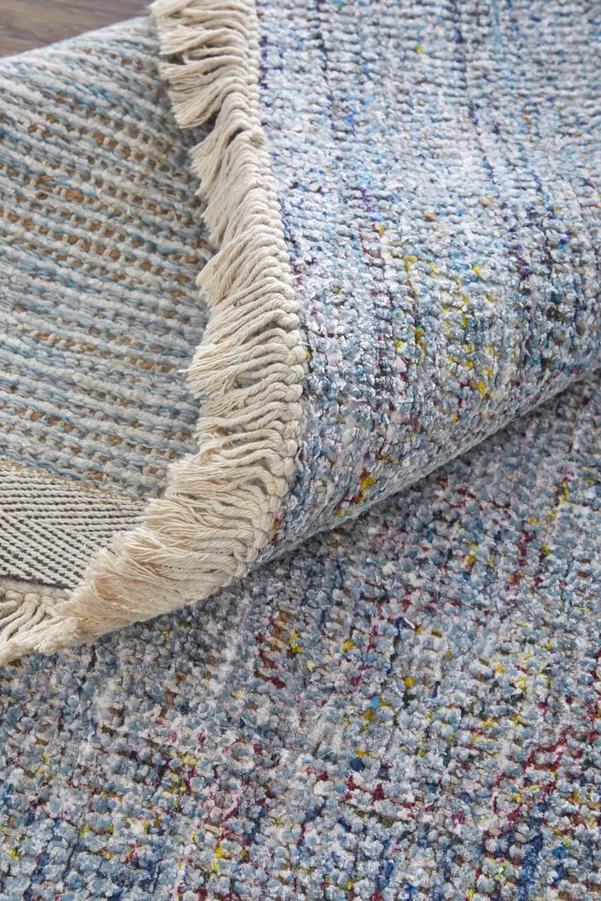 Blue and Ivory Abstract Hand Woven Distressed Area Rug With Fringe Photo 7
