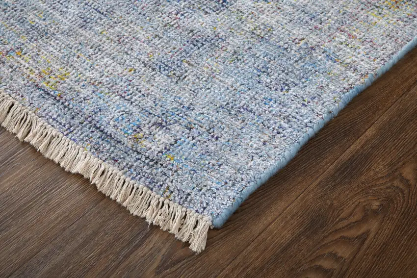 Blue and Ivory Abstract Hand Woven Distressed Area Rug With Fringe Photo 9