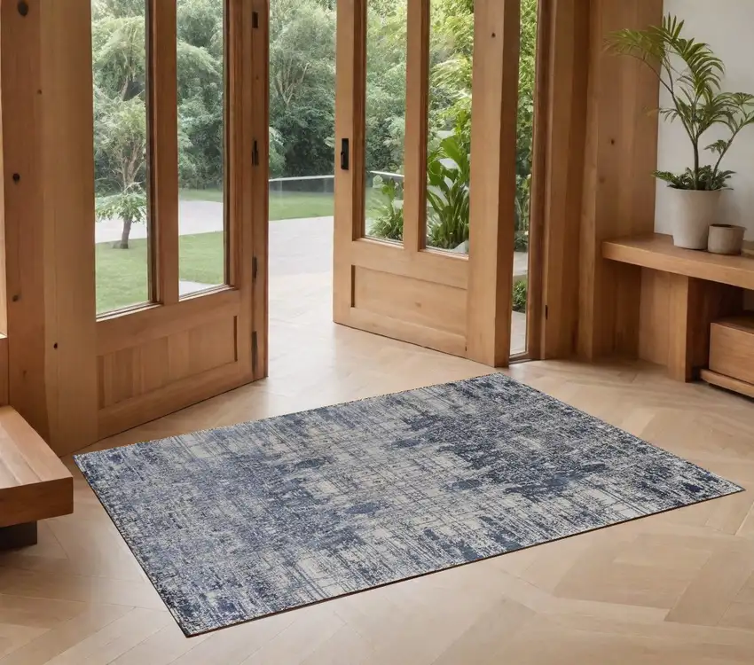 Blue and Ivory Abstract Hand Woven Worn Faded Area Rug Photo 1
