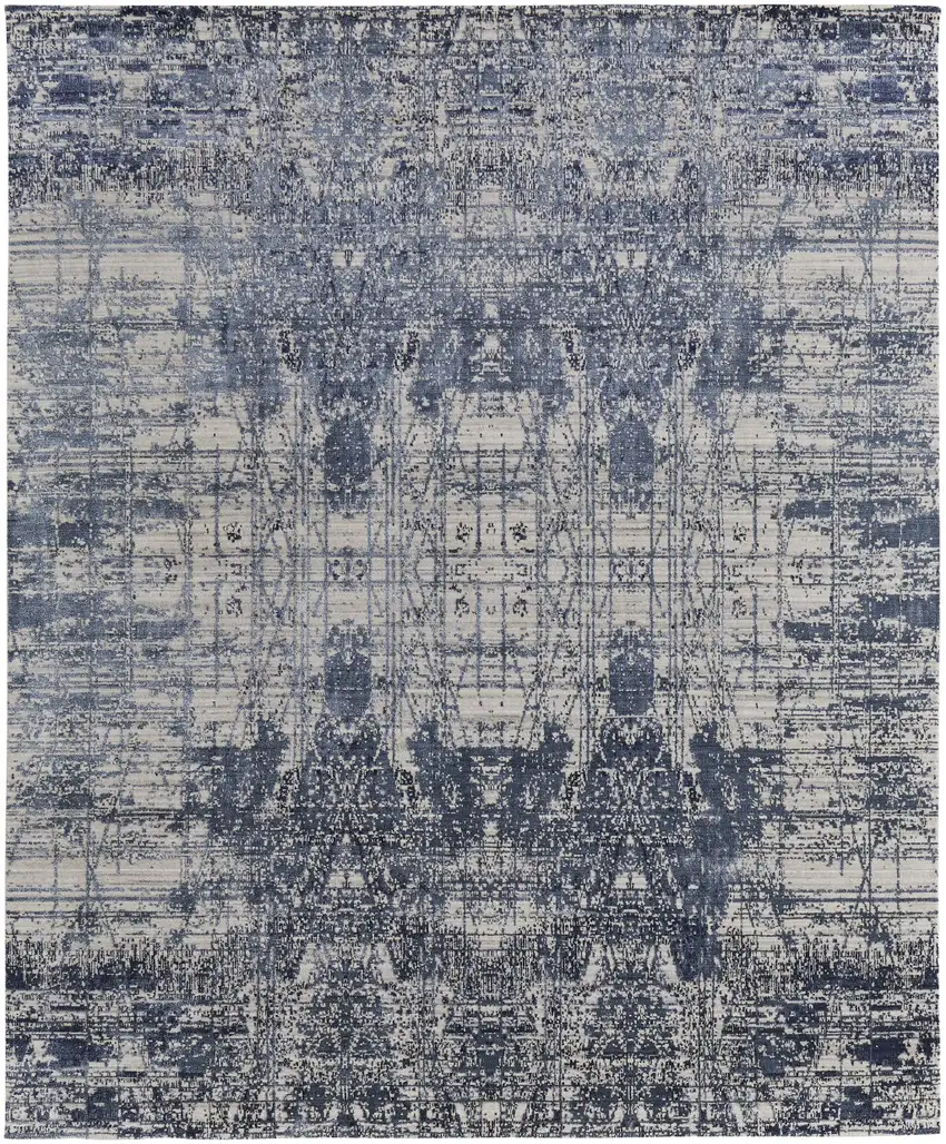Blue and Ivory Abstract Hand Woven Worn Faded Area Rug Photo 6