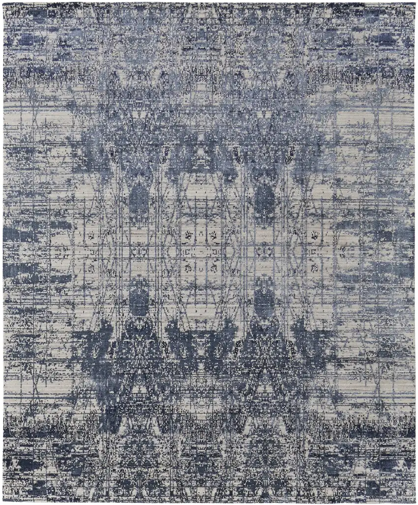 Blue and Ivory Abstract Hand Woven Worn Faded Area Rug Photo 2
