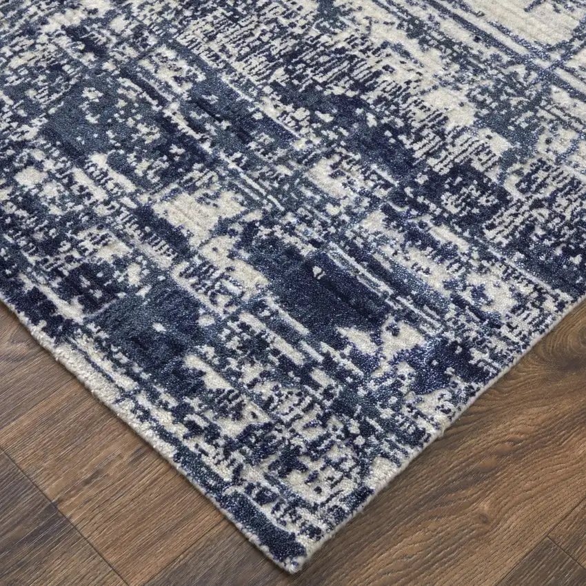 Blue and Ivory Abstract Hand Woven Worn Faded Area Rug Photo 8