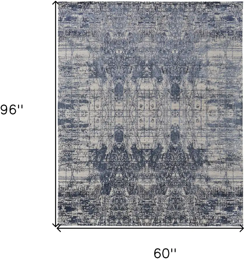 Blue and Ivory Abstract Hand Woven Worn Faded Area Rug Photo 3