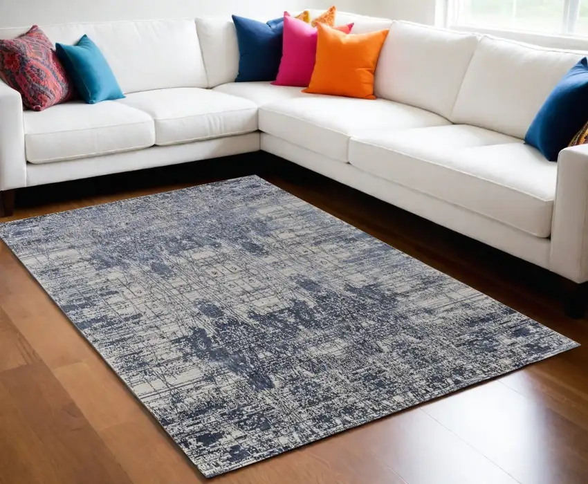 Blue and Ivory Abstract Hand Woven Worn Faded Area Rug Photo 1