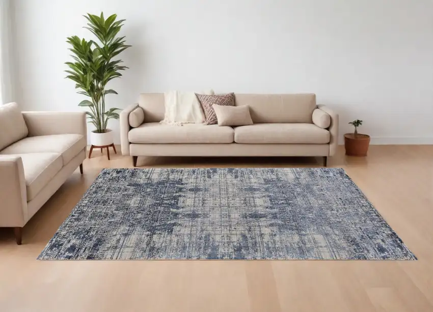 Blue and Ivory Abstract Hand Woven Worn Faded Area Rug Photo 1