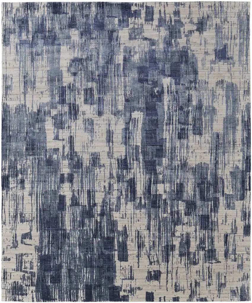 Blue and Ivory Abstract Hand Woven Worn Faded Area Rug Photo 4