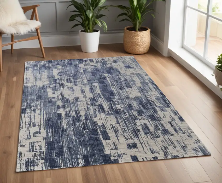 Blue and Ivory Abstract Hand Woven Worn Faded Area Rug Photo 1
