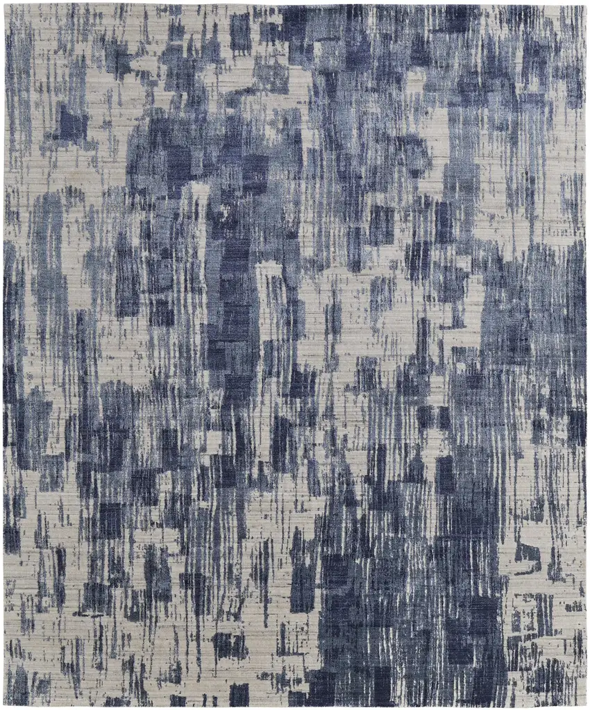 Blue and Ivory Abstract Hand Woven Worn Faded Area Rug Photo 5