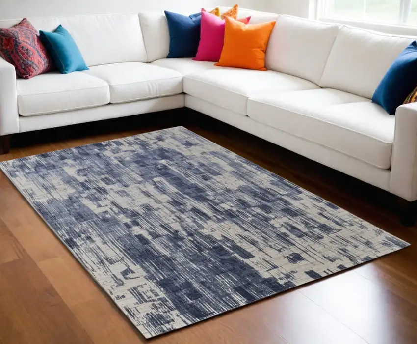 Blue and Ivory Abstract Hand Woven Worn Faded Area Rug Photo 1
