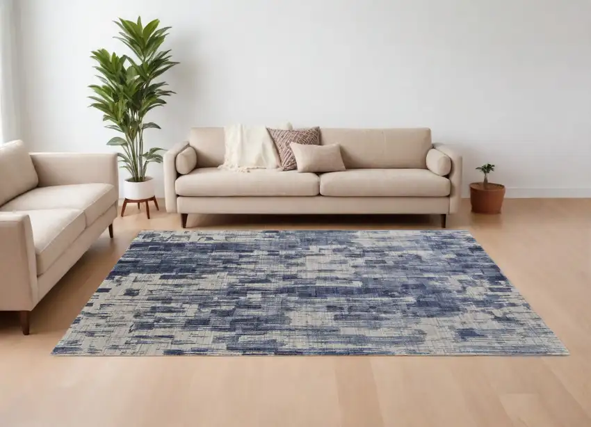 Blue and Ivory Abstract Hand Woven Worn Faded Area Rug Photo 1