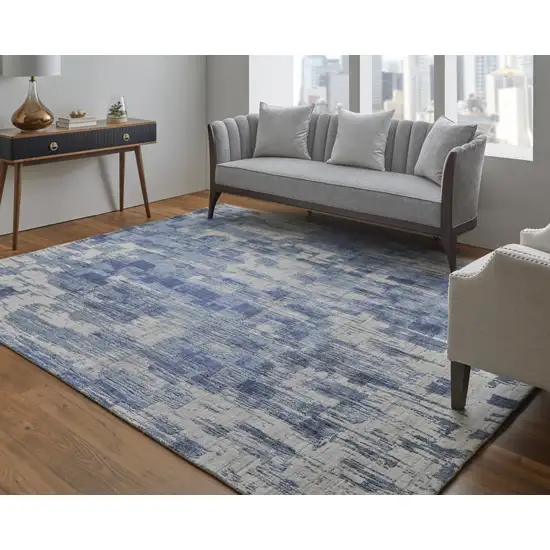 Blue and Ivory Abstract Hand Woven Worn Faded Area Rug Photo 8