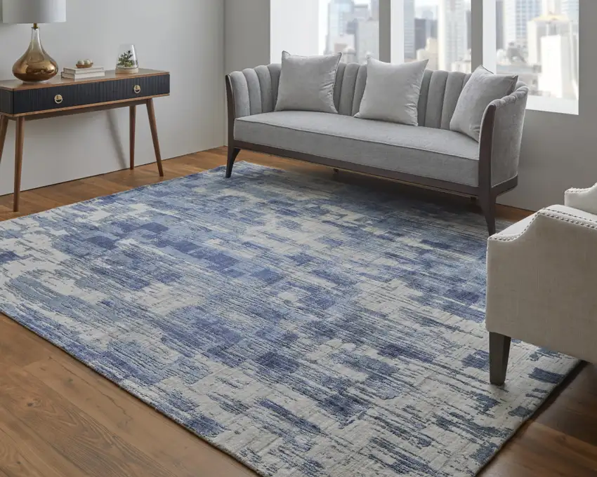 Blue and Ivory Abstract Hand Woven Worn Faded Area Rug Photo 8