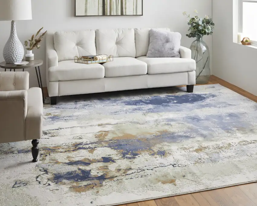 Blue and Ivory Abstract Power Loom Area Rug Photo 3