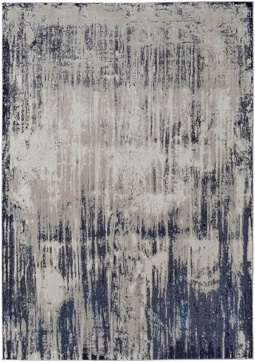 Blue and Ivory Abstract Power Loom Distressed Area Rug Photo 4
