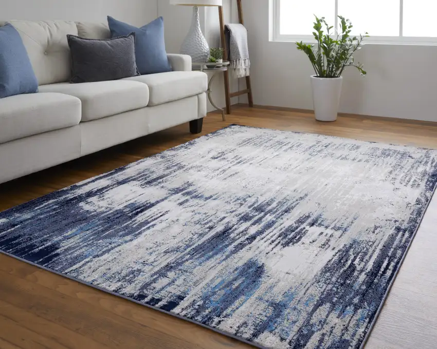 Blue and Ivory Abstract Power Loom Distressed Area Rug Photo 6
