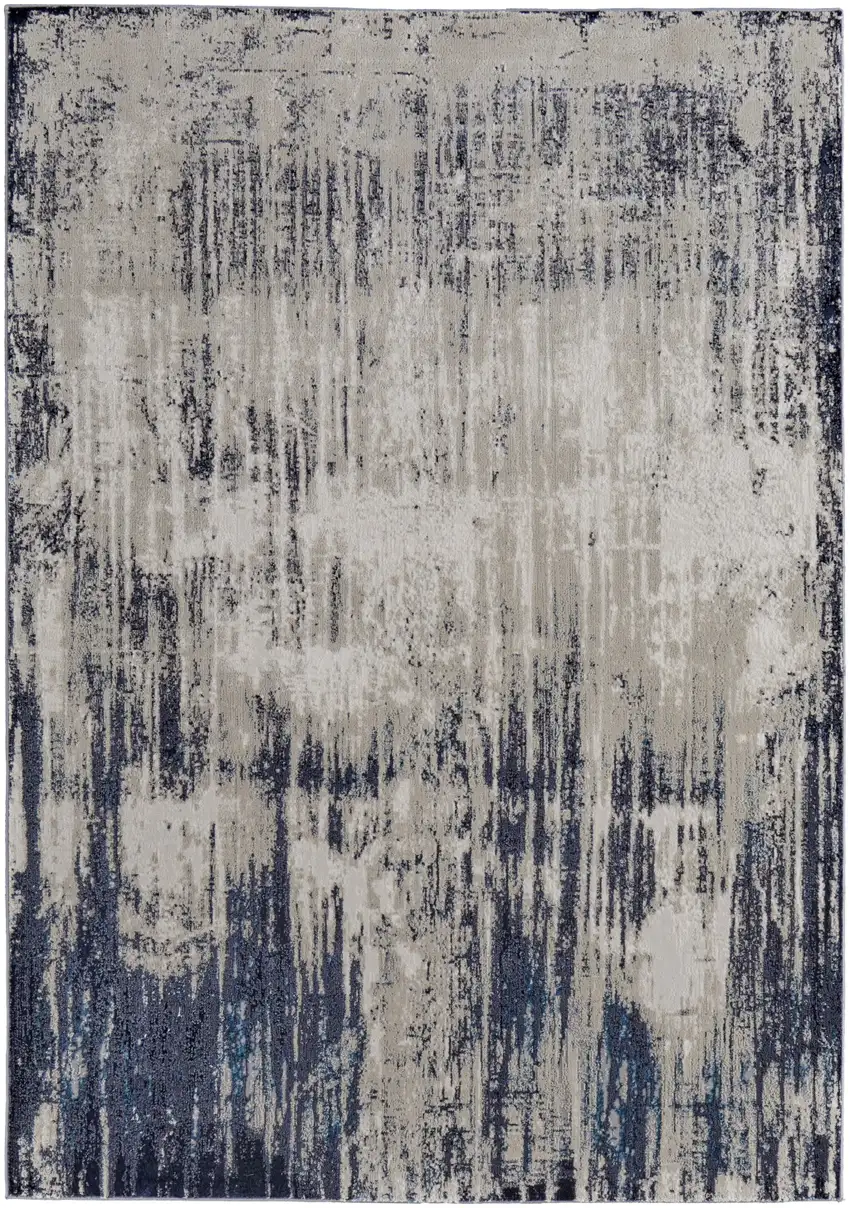 Blue and Ivory Abstract Power Loom Distressed Area Rug Photo 2
