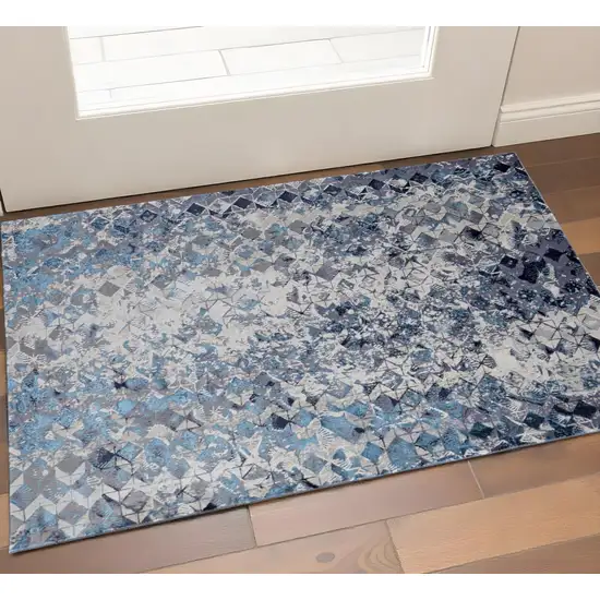 Blue Ivory And Gray Geometric Distressed Area Rug Photo 6