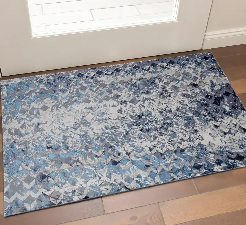Blue Ivory And Gray Geometric Distressed Area Rug Photo 6