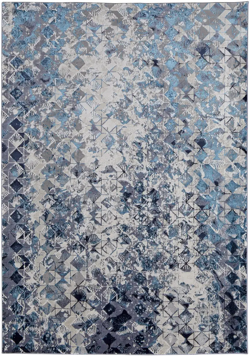 Blue and Ivory Abstract Power Loom Distressed Area Rug Photo 4