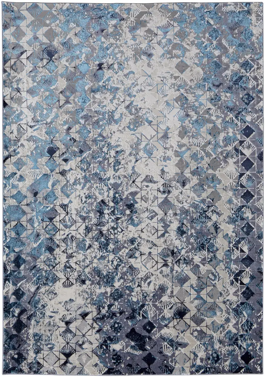 Blue and Ivory Abstract Power Loom Distressed Area Rug Photo 2