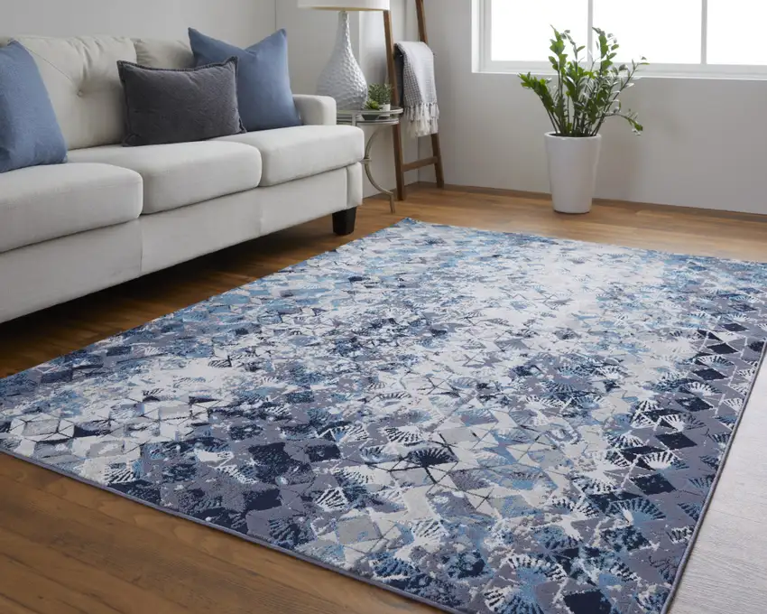 Blue and Ivory Abstract Power Loom Distressed Area Rug Photo 6