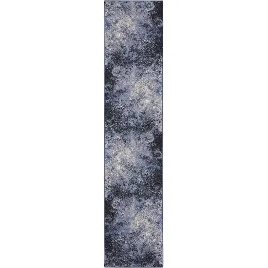 10' Blue And Ivory Abstract Distressed Runner Rug Photo 2