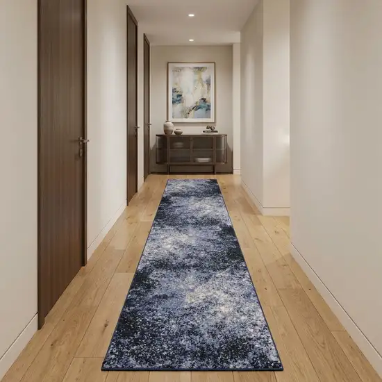 10' Blue And Ivory Abstract Distressed Runner Rug Photo 1