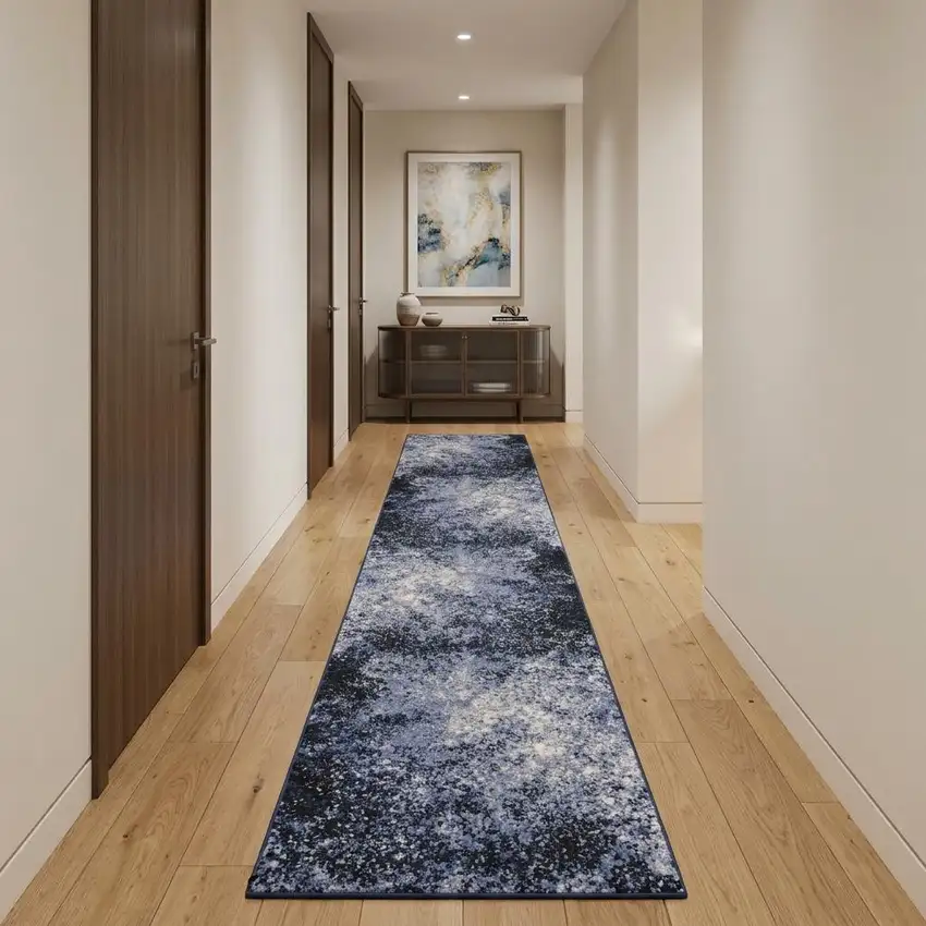 10' Blue And Ivory Abstract Distressed Runner Rug Photo 1
