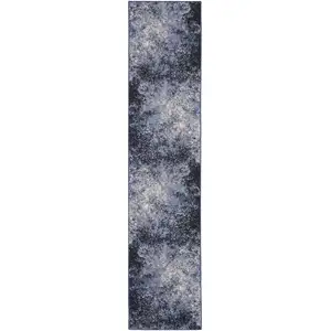 Photo of Blue and Ivory Abstract Power Loom Distressed Runner Rug