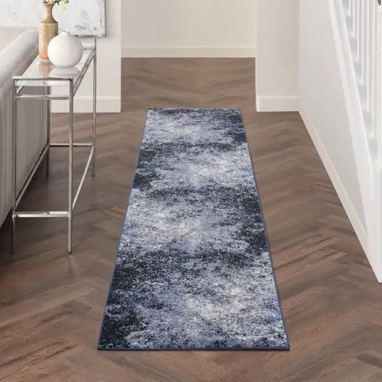 Blue and Ivory Abstract Power Loom Distressed Runner Rug Photo 8