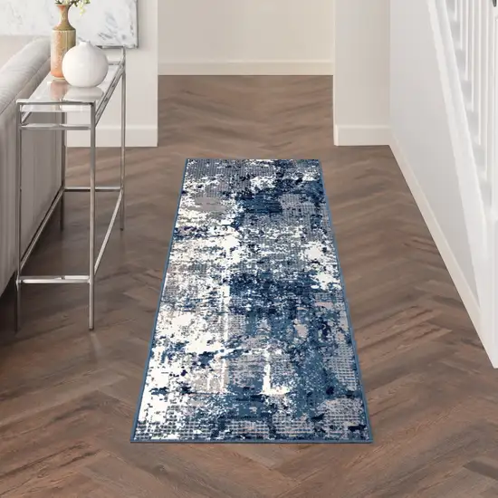 8' Blue And Ivory Abstract Runner Rug Photo 5